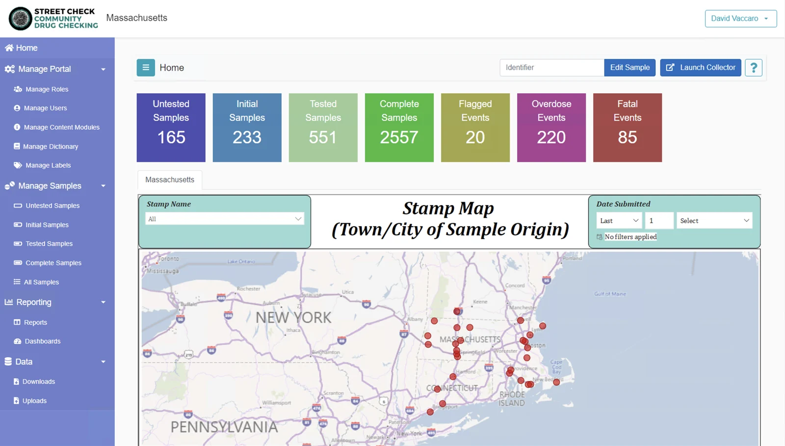 StreetCheck program portal showing sample and laboratory result management
